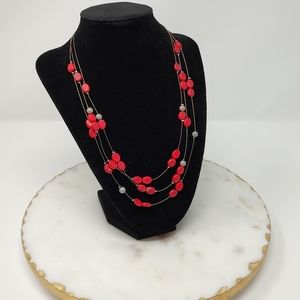 Red and gray bead multi-strand silver-gray wire necklace